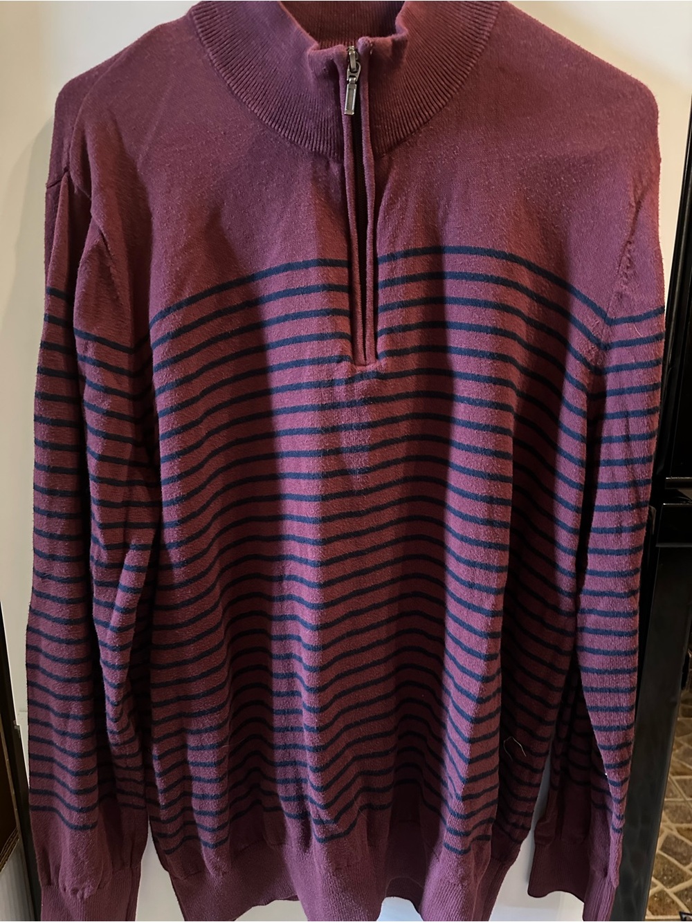 L. L Bean Men's XL Cotton Cashmere 1/4 Zip Sweater Burgundy Navy Striped 503236